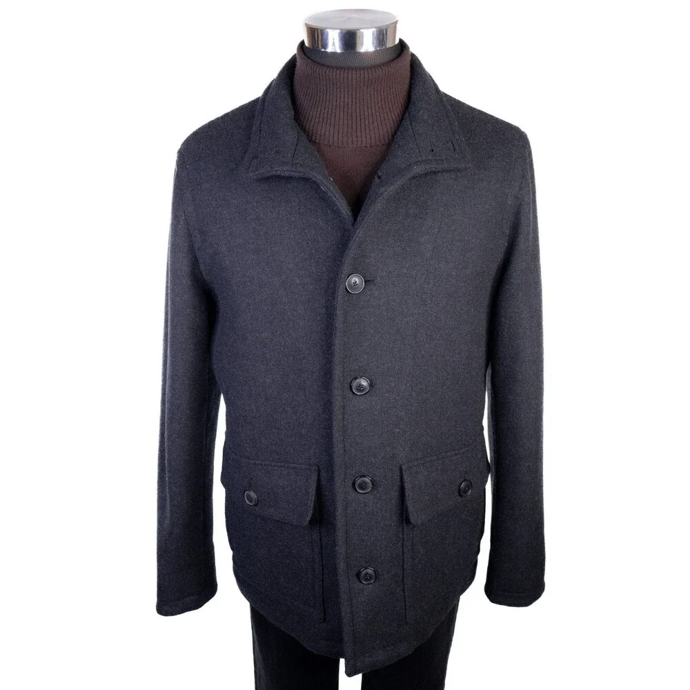 Banana Republic Coat PeaCoat Mens L Large Charcoal Gray Mario Bellucci Wool